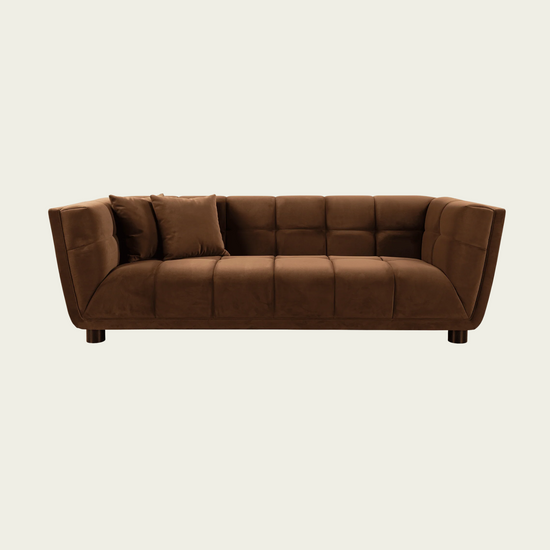 Mid-century modern Sofa | square tufted back and seating | Retro style Brown velvet 