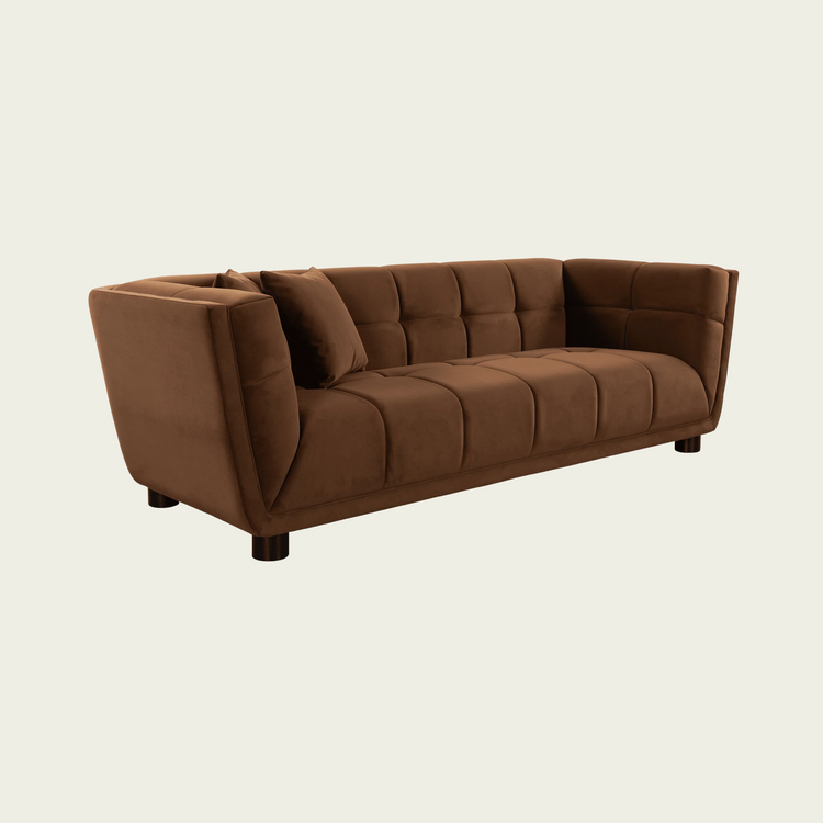 Mid-century modern Sofa | square tufted back and seating | Retro style Brown velvet 