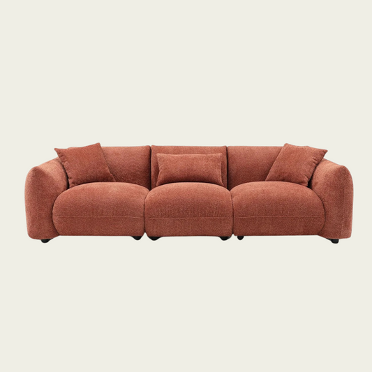 Mid Century Modern 3 Seater Couch | Orange Boucle Upholstery | Extra Deep Seat 