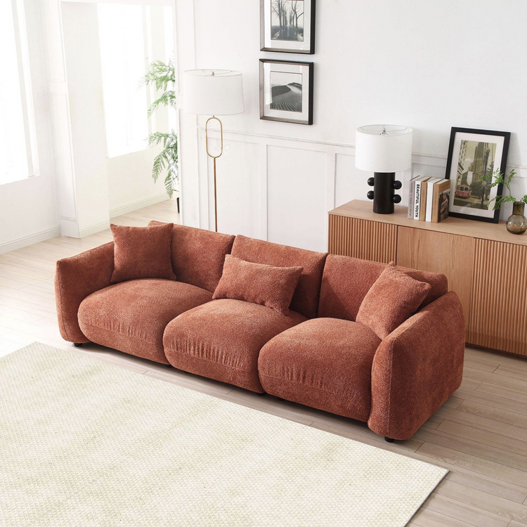 Mid Century Modern 3 Seater Couch | Orange Boucle Upholstery | Extra Deep Seat 