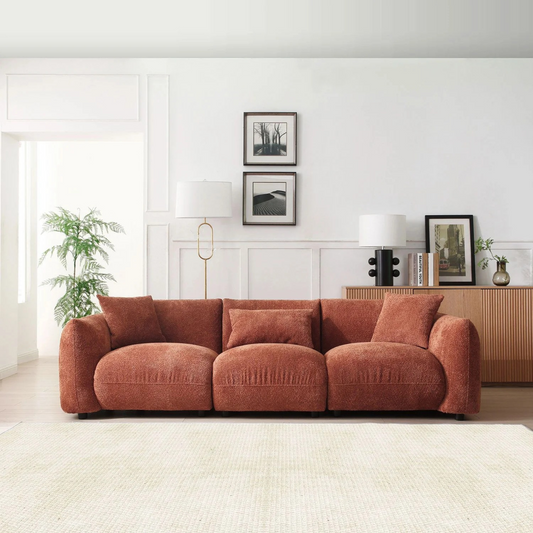 Mid Century Modern 3 Seater Couch | Orange Boucle Upholstery | Extra Deep Seat 