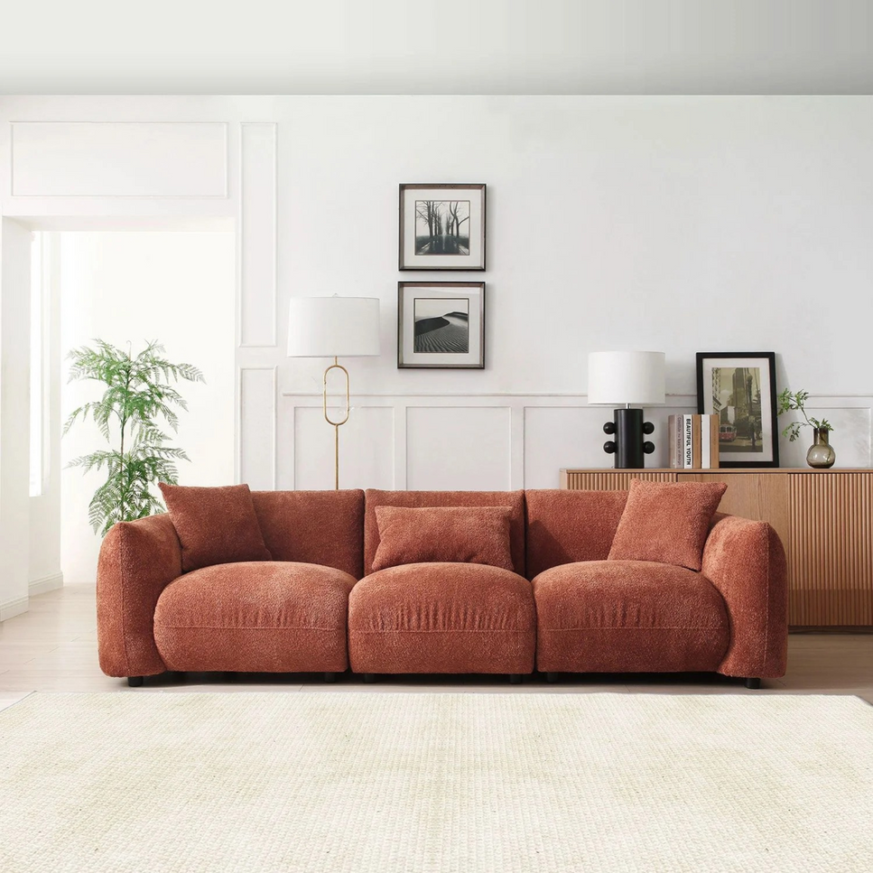 Mid Century Modern 3 Seater Couch | Orange Boucle Upholstery | Extra Deep Seat 