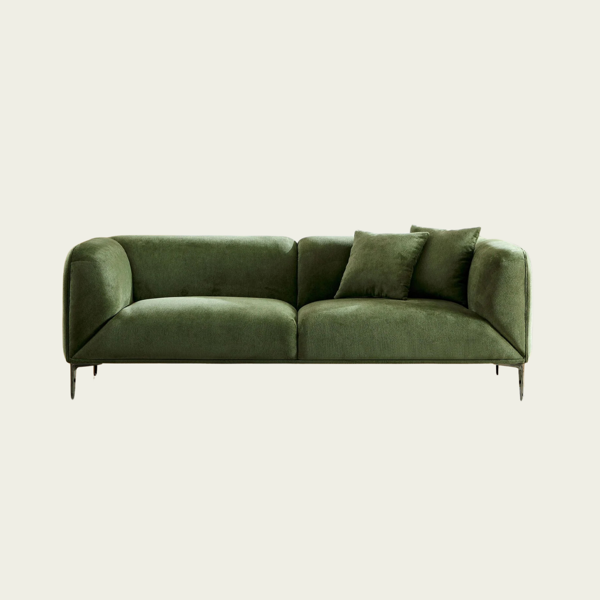 Mid century Modern angular sofa | continous arm-back | Green velvet upholstery | 2 matching pillows