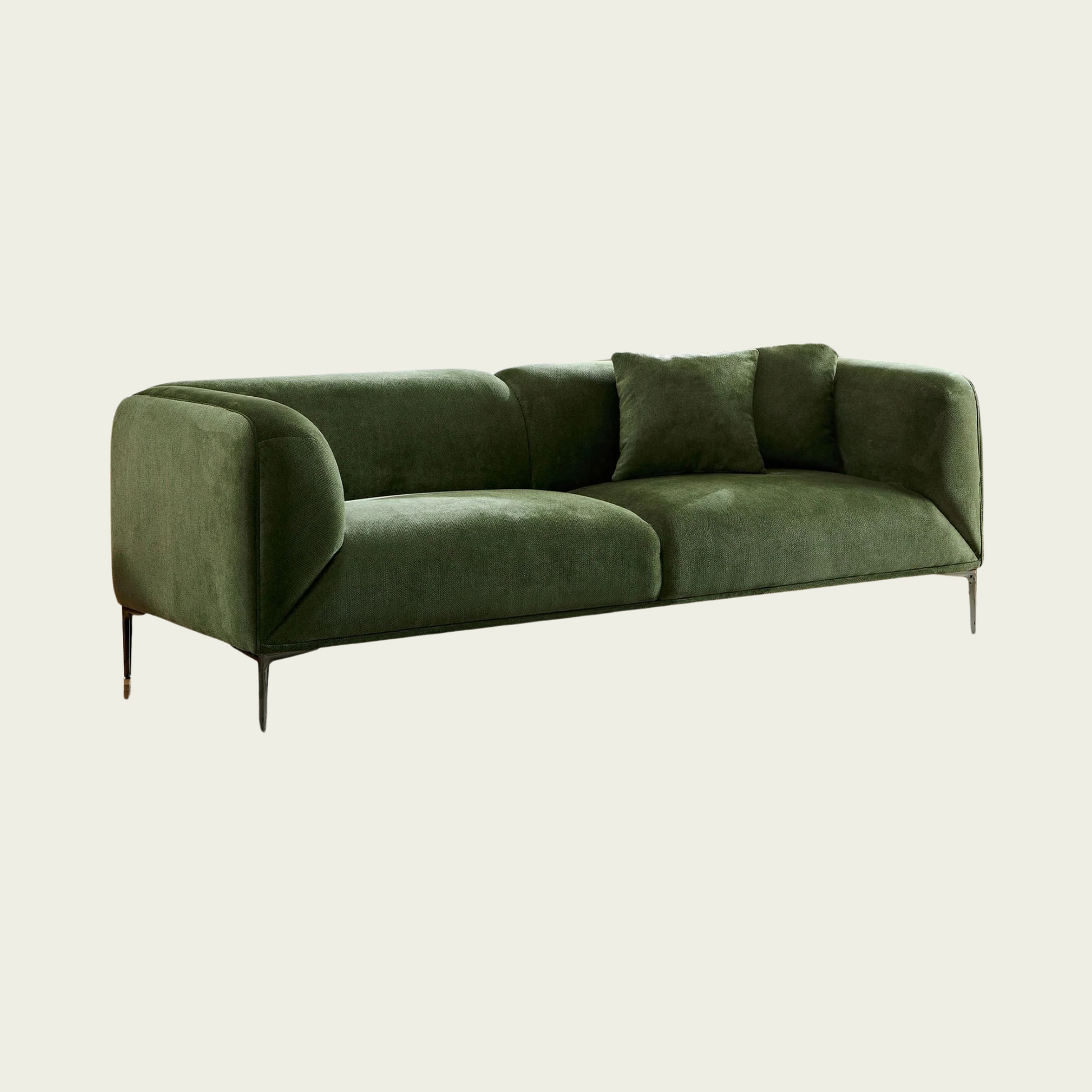 Mid century Modern angular sofa | continous arm-back | Green velvet upholstery | 2 matching pillows