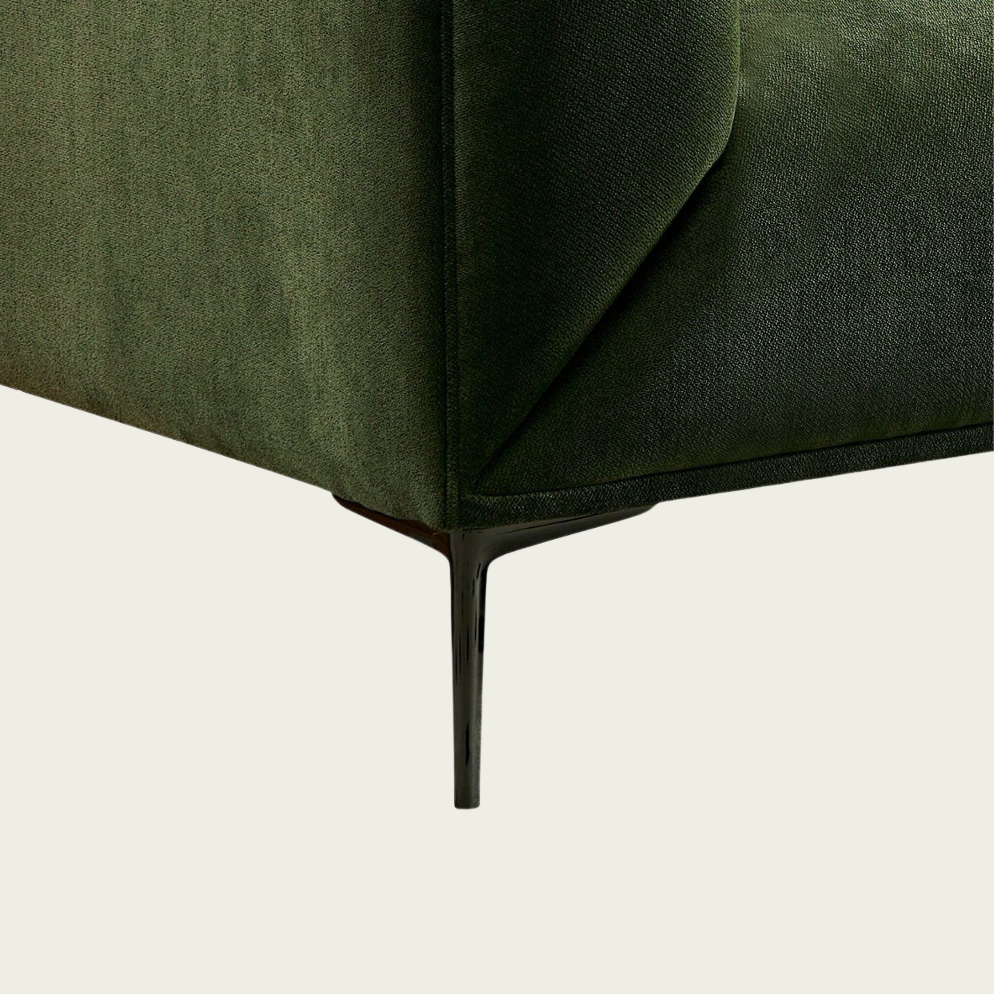 Mid century Modern angular sofa | continous arm-back | Green velvet upholstery | 2 matching pillows