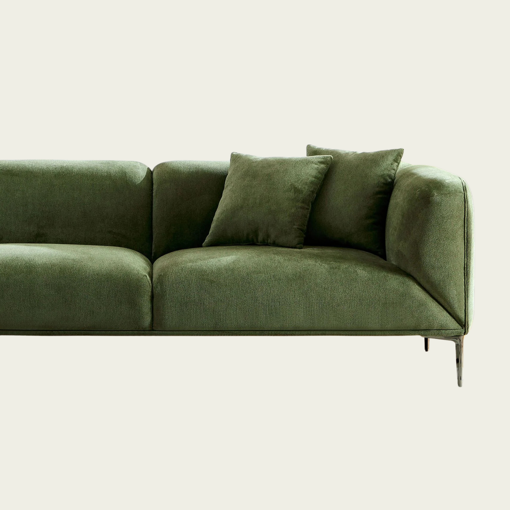 Mid century Modern angular sofa | continous arm-back | Green velvet upholstery | 2 matching pillows