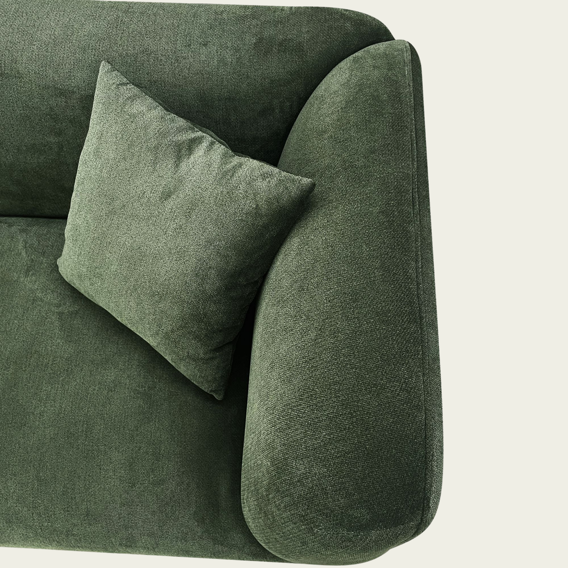 Mid century Modern angular sofa | continous arm-back | Green velvet upholstery | 2 matching pillows