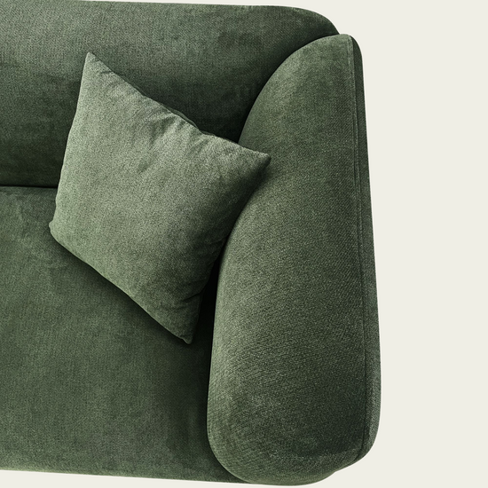 Mid century Modern angular sofa | continous arm-back | Green velvet upholstery | 2 matching pillows