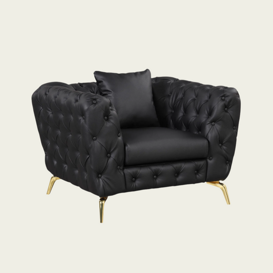 Mid century modern Black PU Leather Chesterfield armchair | Gold metal legs | pillow included