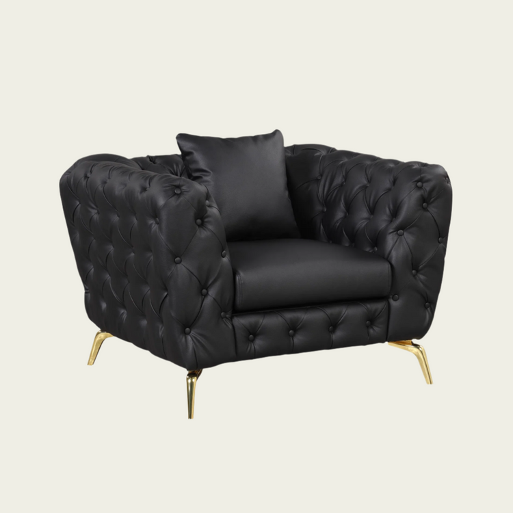 Mid century modern Black PU Leather Chesterfield armchair | Gold metal legs | pillow included