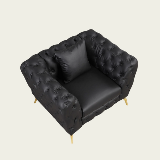 Mid century modern Black PU Leather Chesterfield armchair | Gold metal legs | pillow included