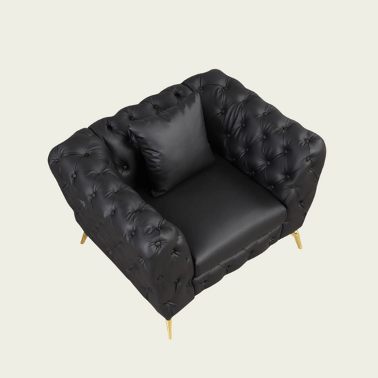 Mid century modern Black PU Leather Chesterfield armchair | Gold metal legs | pillow included