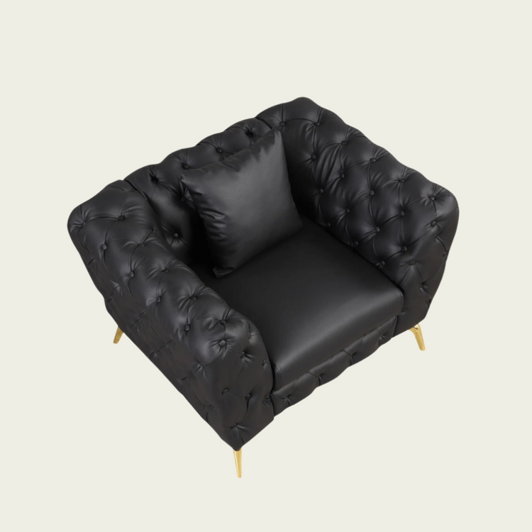 Mid century modern Black PU Leather Chesterfield armchair | Gold metal legs | pillow included