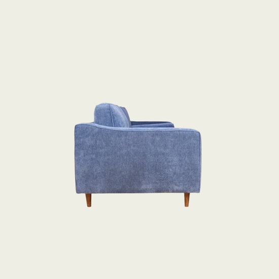 Mid century modern couch| Velvet Denim Blue upholstery| Straight backrest| single seat cushion