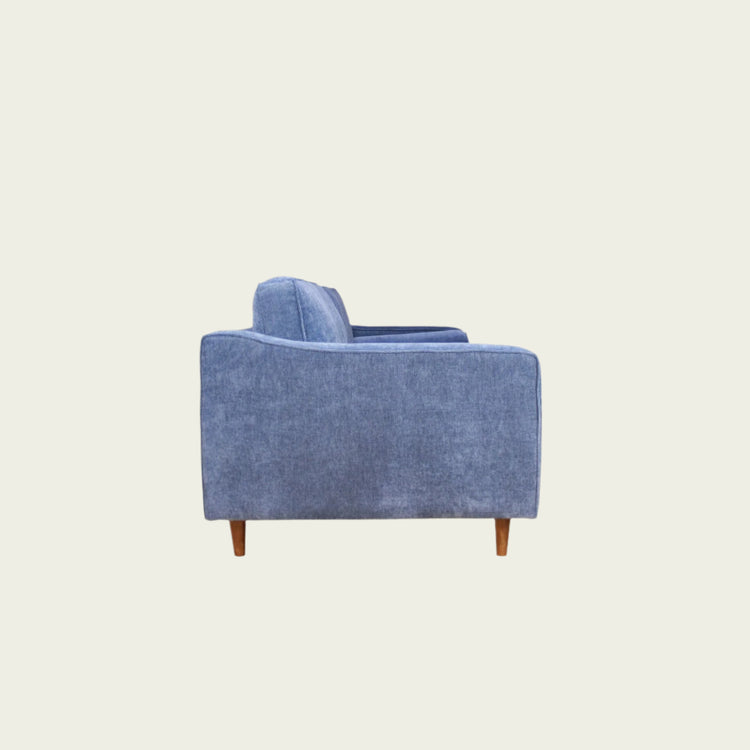 Mid century modern couch| Velvet Denim Blue upholstery| Straight backrest| single seat cushion