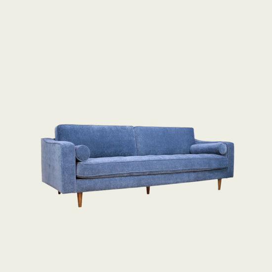 Mid century modern couch| Velvet Denim Blue upholstery| Straight backrest| single seat cushion