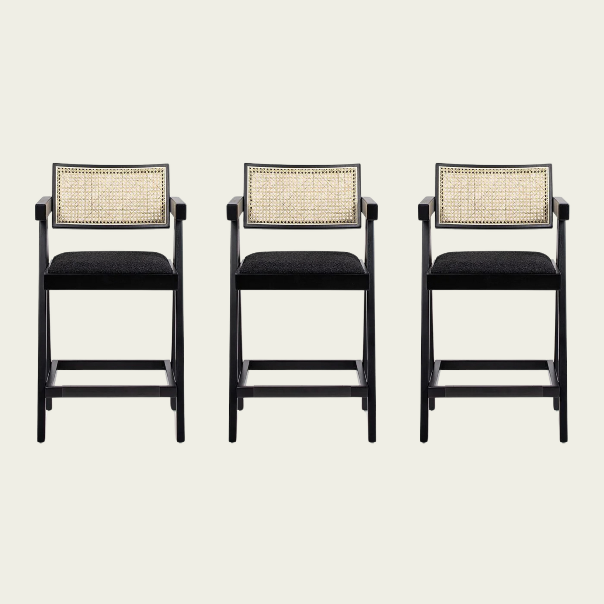 Milan 25.5" Modern Resin Webbing Back Bar Stool with Arms, Set of 3, Ebony Black Boucle