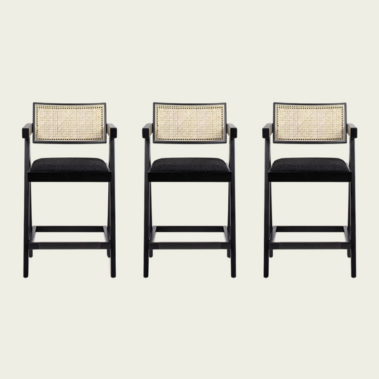 Milan 25.5" Modern Resin Webbing Back Bar Stool with Arms, Set of 3, Ebony Black Boucle
