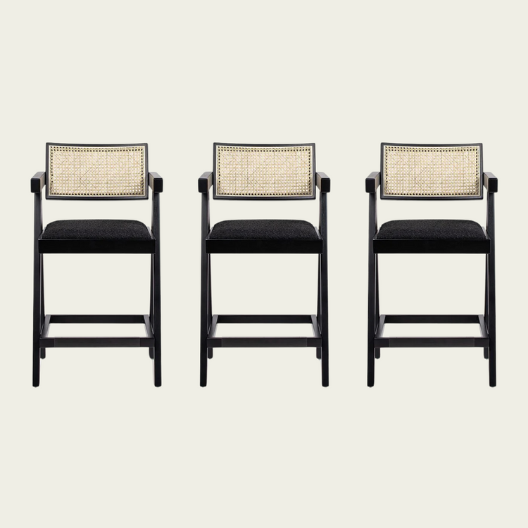 Milan 25.5" Modern Resin Webbing Back Bar Stool with Arms, Set of 3, Ebony Black Boucle
