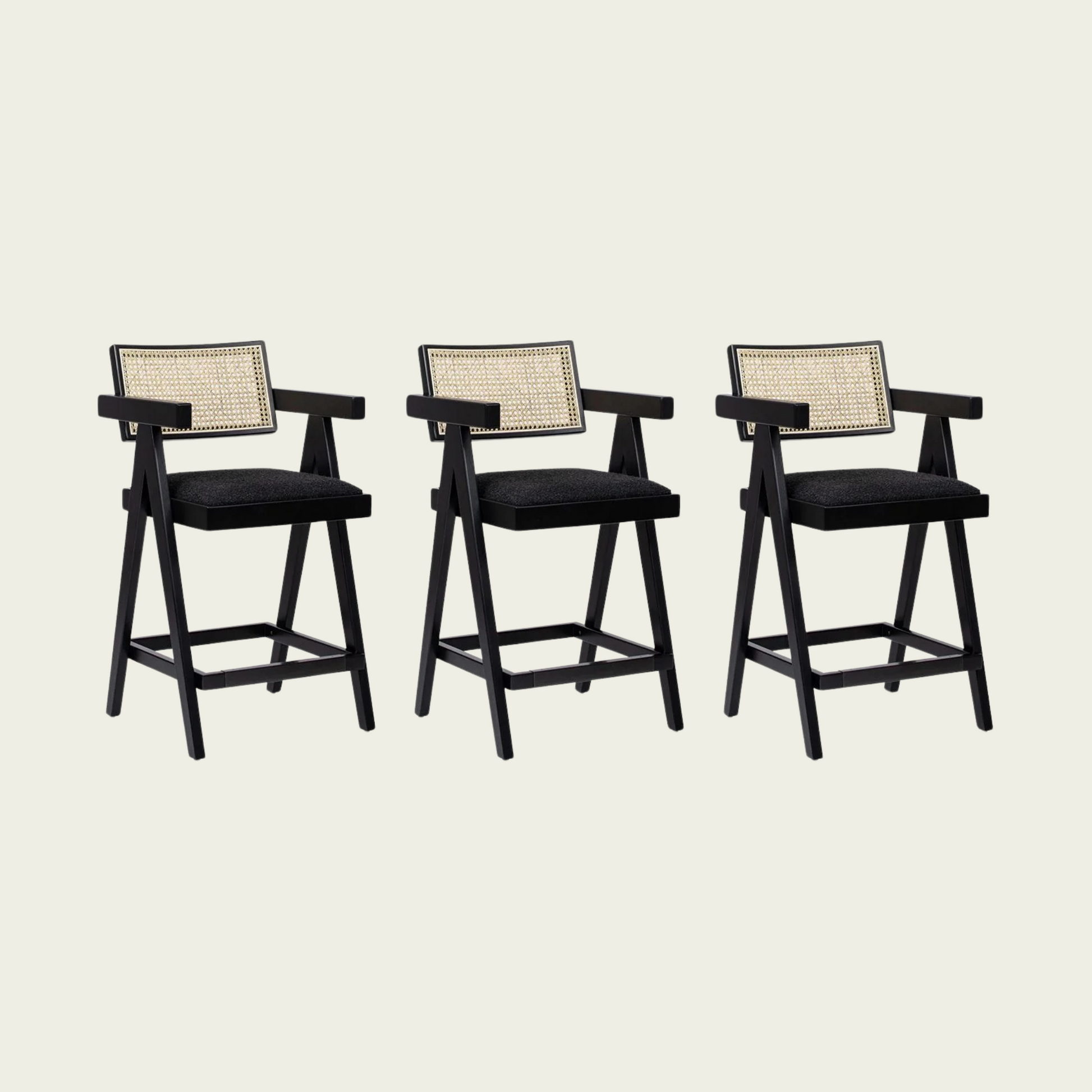 Milan 25.5" Modern Resin Webbing Back Bar Stool with Arms, Set of 3, Ebony Black Boucle