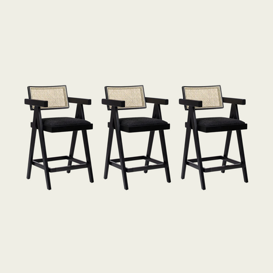 Milan 25.5" Modern Resin Webbing Back Bar Stool with Arms, Set of 3, Ebony Black Boucle