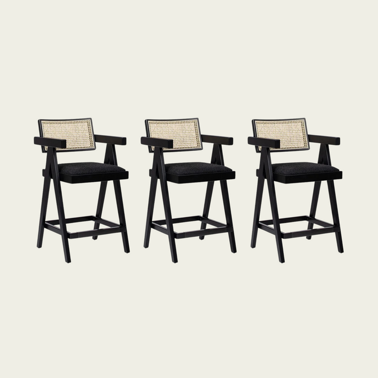 Milan 25.5" Modern Resin Webbing Back Bar Stool with Arms, Set of 3, Ebony Black Boucle
