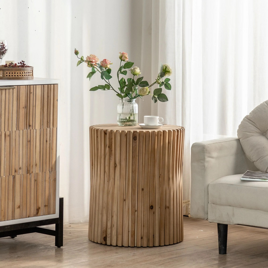 Retro Cylindrical Coffee Table with Vertical Texture Relief Design | Tree Log imitation