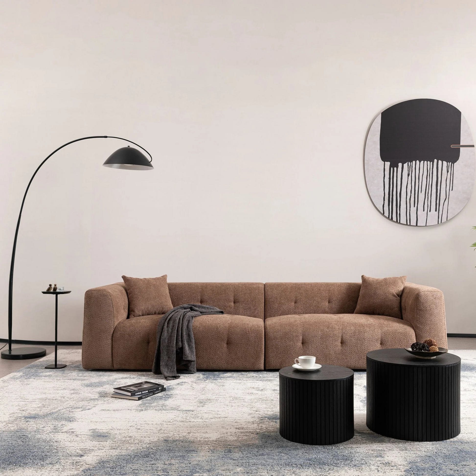 Retro L-shaped button tufted sofa | Soft brown upholstery | angular armrest 