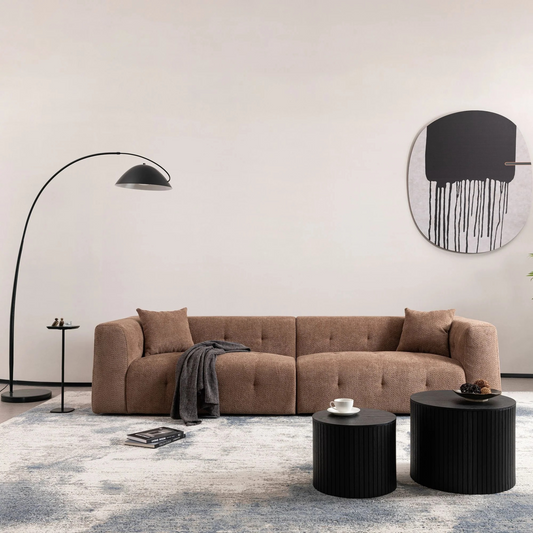 Retro L-shaped button tufted sofa | Soft brown upholstery | angular armrest