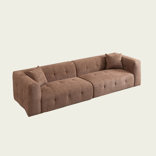 Retro L-shaped button tufted sofa | Soft brown upholstery | angular armrest 