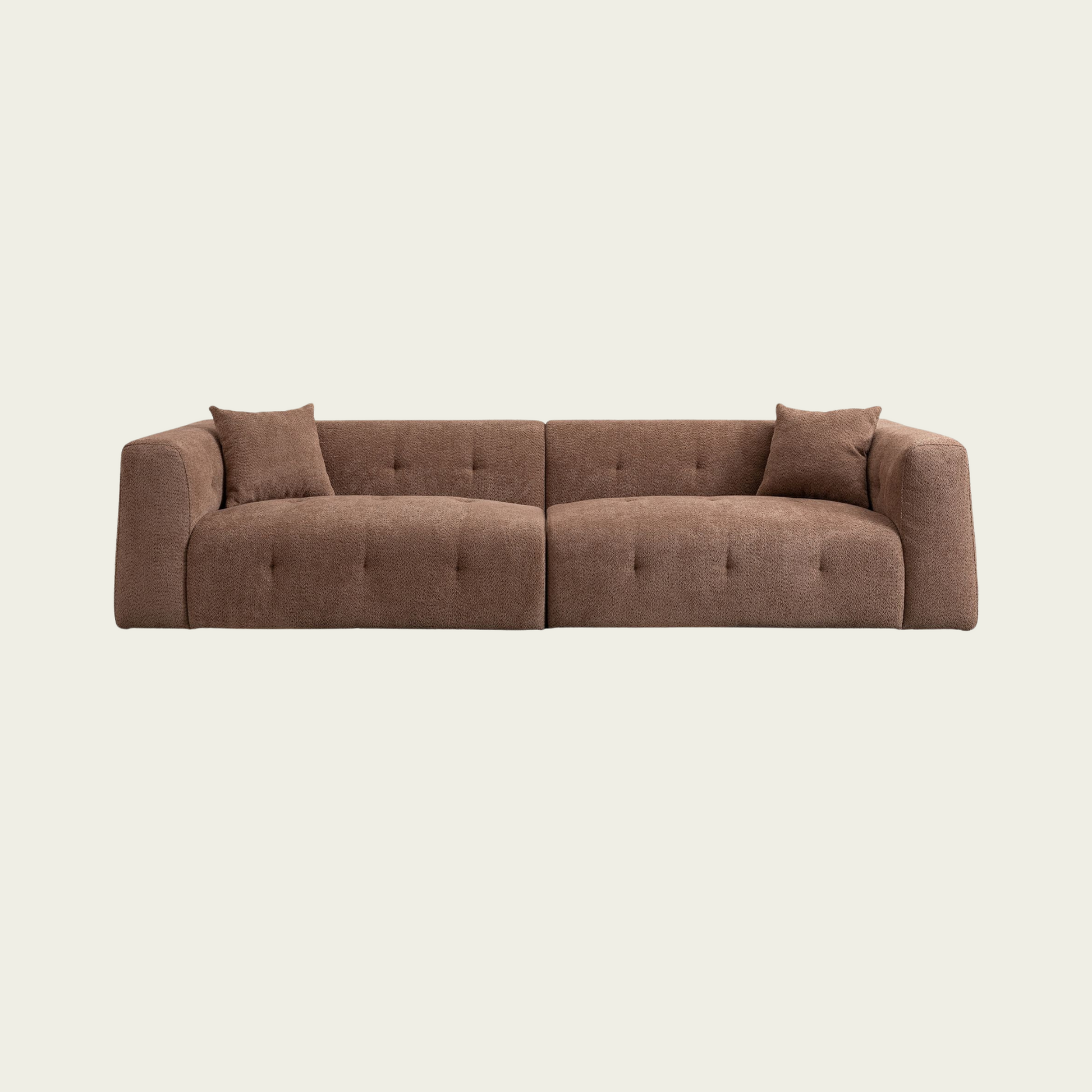 Retro L-shaped button tufted sofa | Soft brown upholstery | angular armrest 