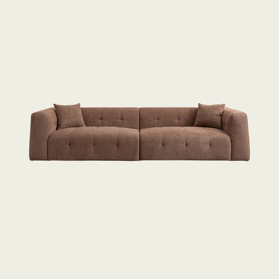 Retro L-shaped button tufted sofa | Soft brown upholstery | angular armrest 