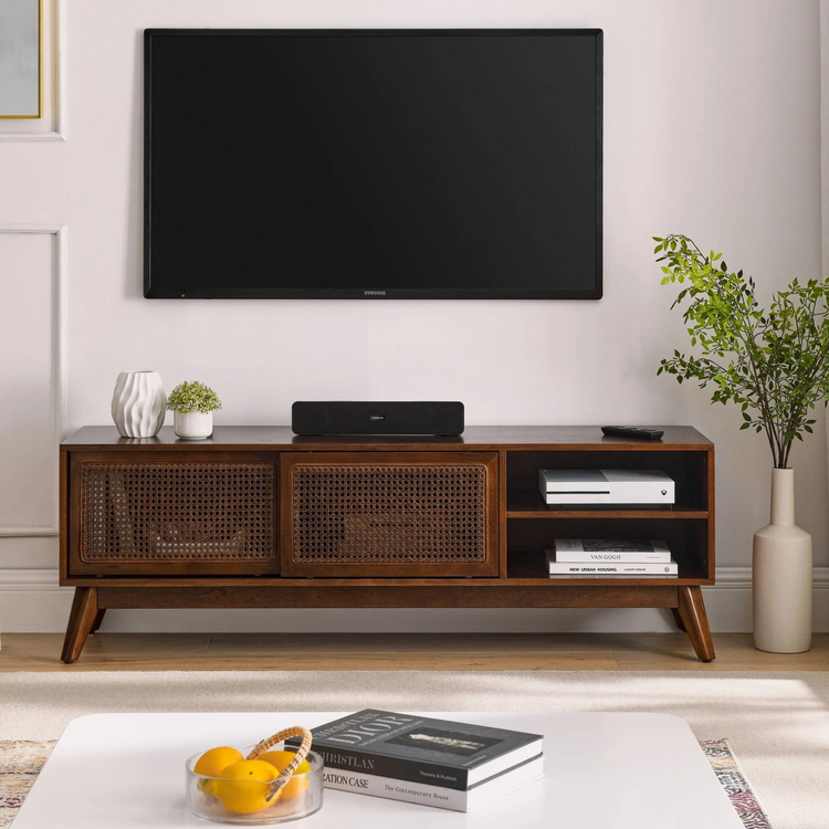 Retro Red wood TV Stand cabinet | Rattan woven slide doors 