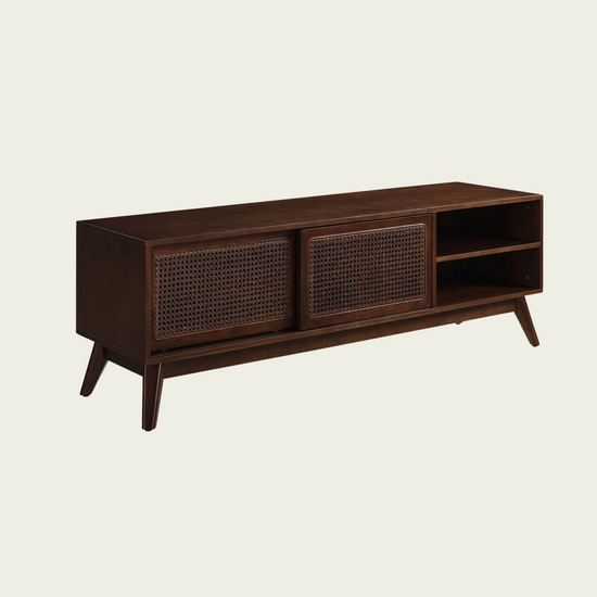 Retro Red wood TV Stand cabinet | Rattan woven slide doors  1