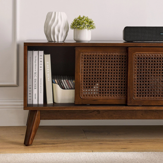 Retro Red wood TV Stand cabinet | Rattan woven slide doors 