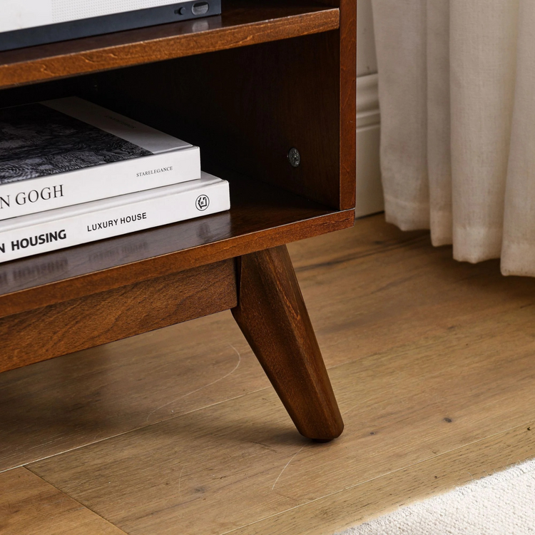 Retro Red wood TV Stand cabinet | Rattan woven slide doors 