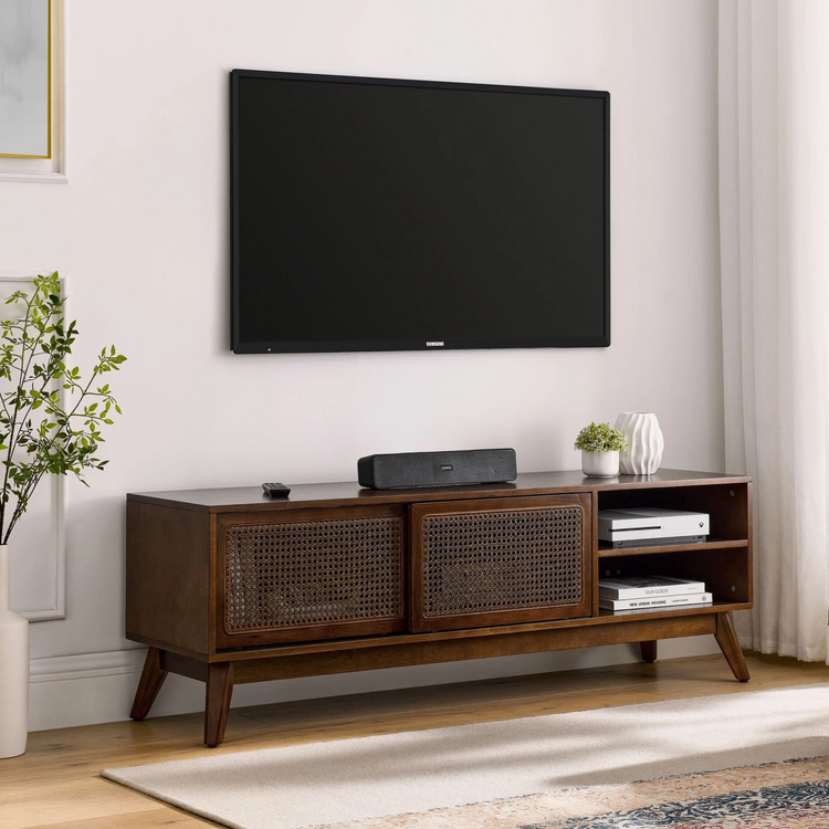 Retro Red wood TV Stand cabinet | Rattan woven slide doors 