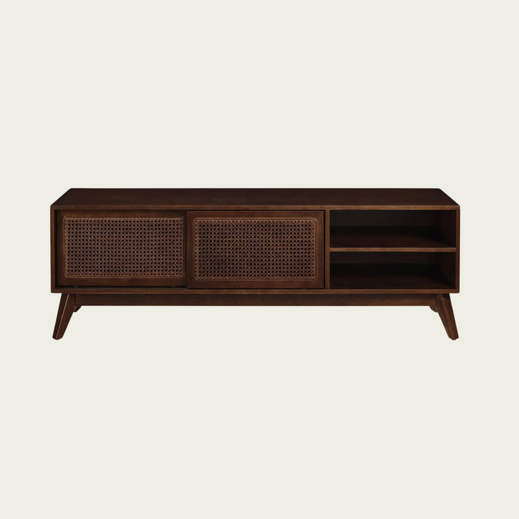 59 Inch Mid Century Modern Rattan TV Stand for 65 Inch TV, Entertainment Cabinet, Media Console for Living Room Bedroom Media Room, Solid Wood Feet & Rattan Cabinet Doors - Dark Wood