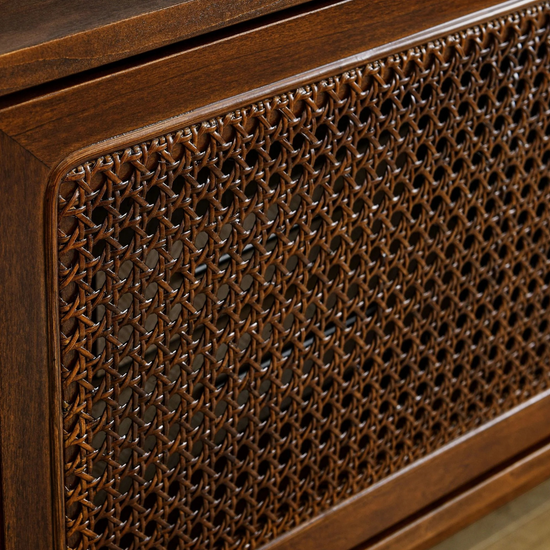 Retro Red wood TV Stand cabinet | Rattan woven slide doors 