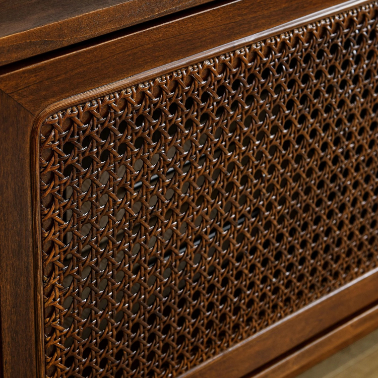 Retro Red wood TV Stand cabinet | Rattan woven slide doors 