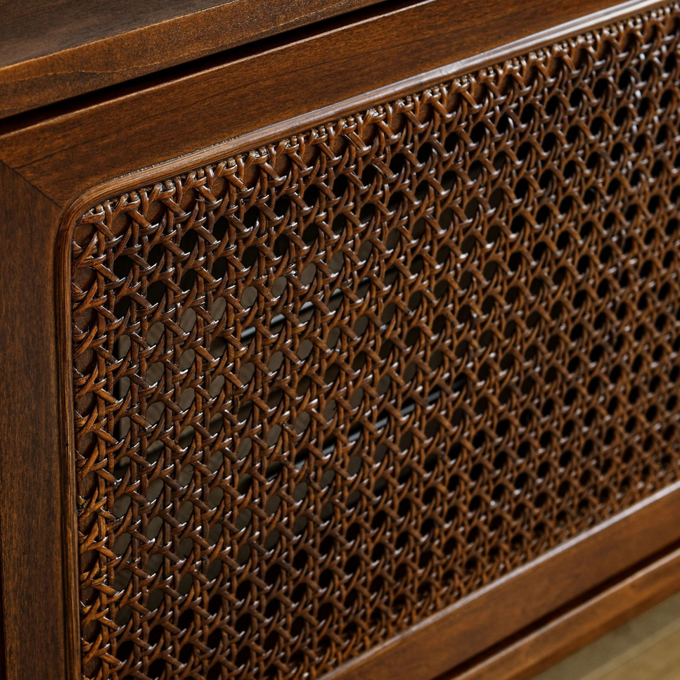 Retro Red wood TV Stand cabinet | Rattan woven slide doors 