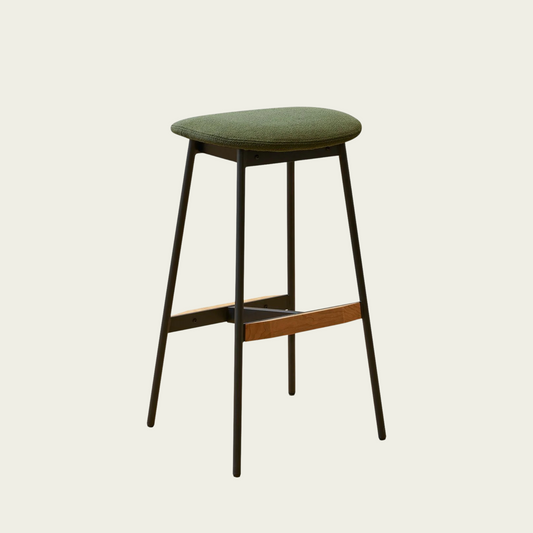 Retro backless Bar Stool | Olive Green boucle Seat | Dark Metal Frame | Wood Accent