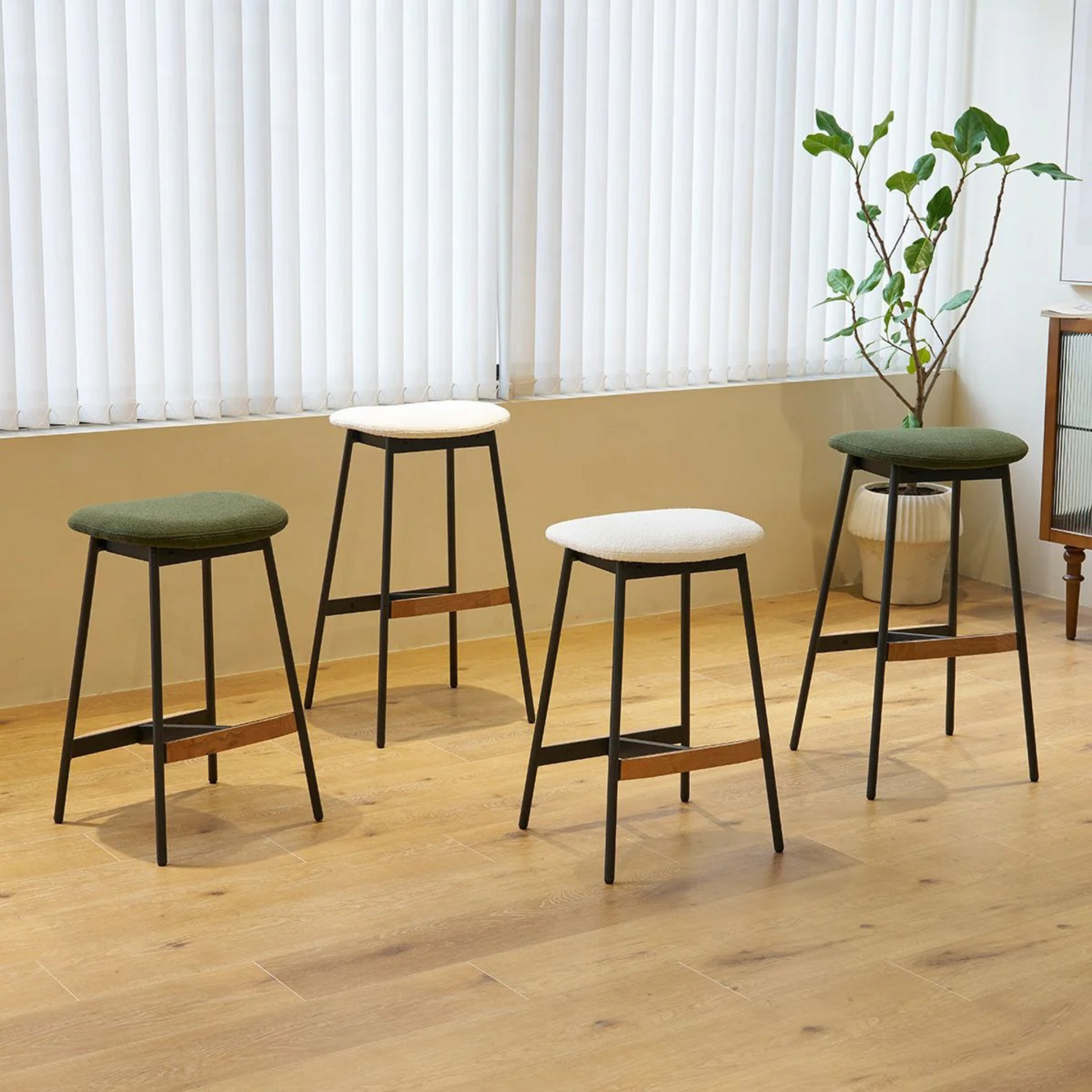 Retro backless Bar Stool | Olive Green boucle Seat | Dark Metal Frame | Wood Accent