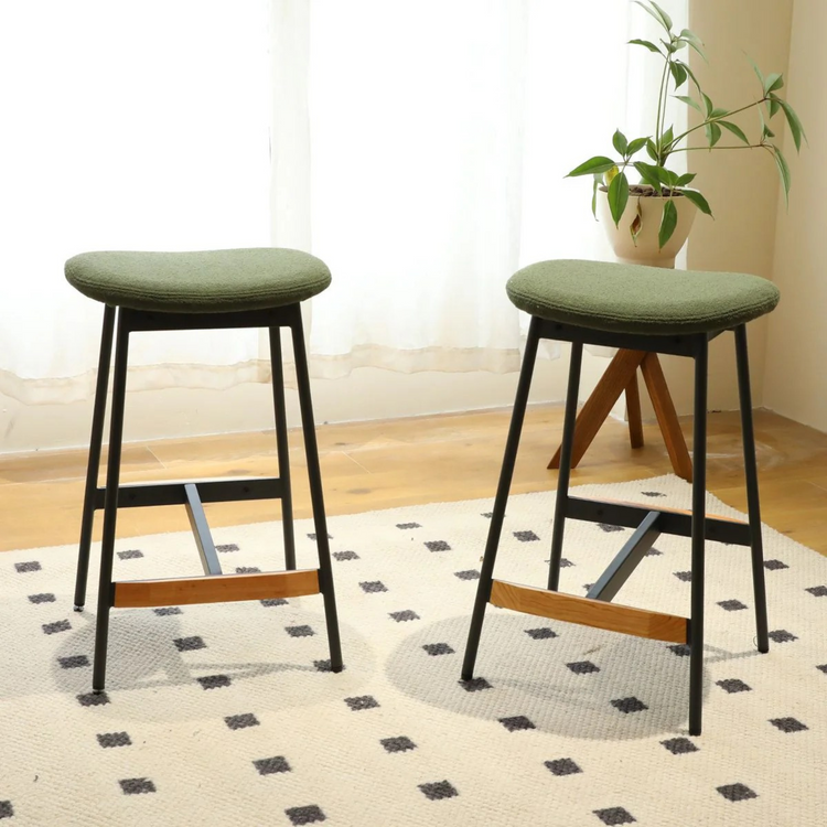Retro backless Bar Stool | Olive Green boucle Seat | Dark Metal Frame | Wood Accent