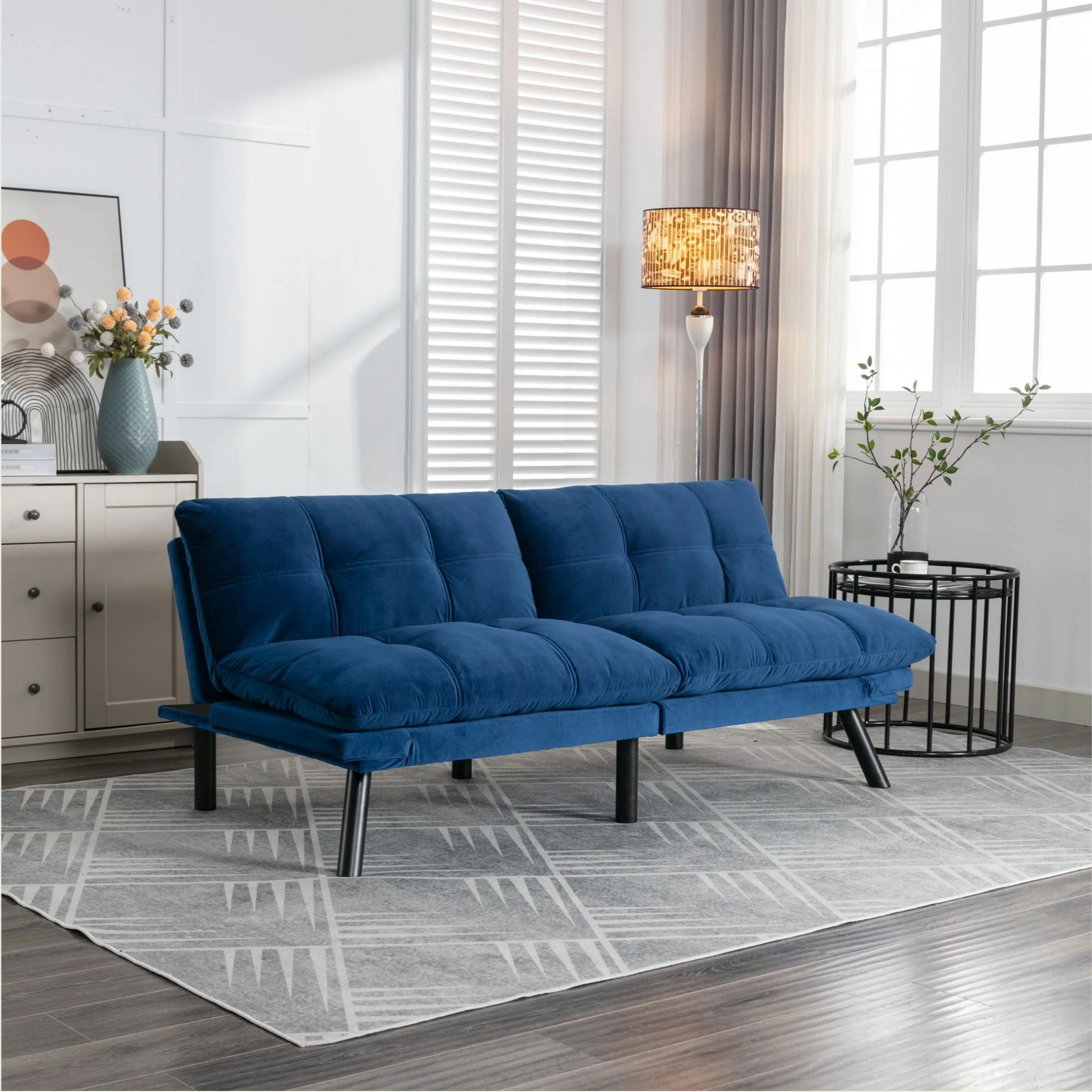 Retro folding backrest armless couch| Tufted Pillow backrest & seat cushions| Black velvet
