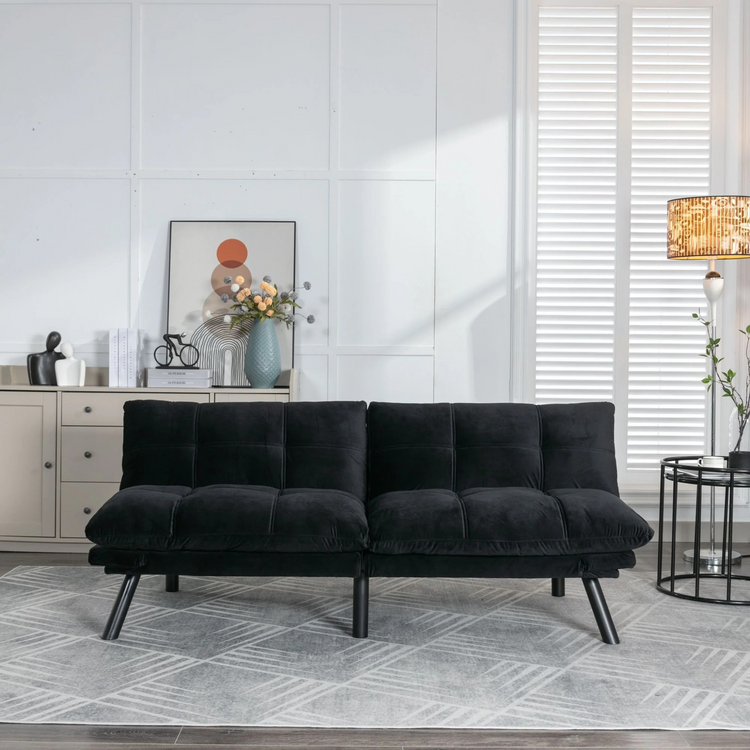Retro folding backrest armless couch| Tufted Pillow backrest & seat cushions| Blue velvet upholstery