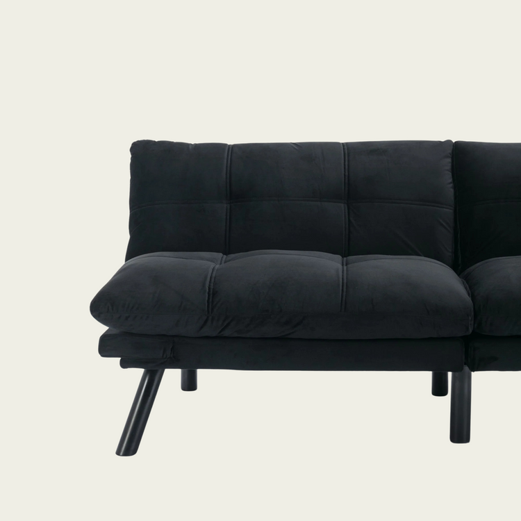 Retro folding backrest armless couch| Tufted Pillow backrest & seat cushions| Blue velvet upholstery