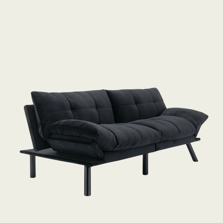 Retro folding backrest armless couch| Tufted Pillow backrest & seat cushions| Blue velvet upholstery