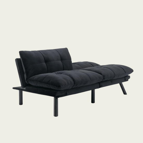 Retro folding backrest armless couch| Tufted Pillow backrest & seat cushions| Blue velvet upholstery