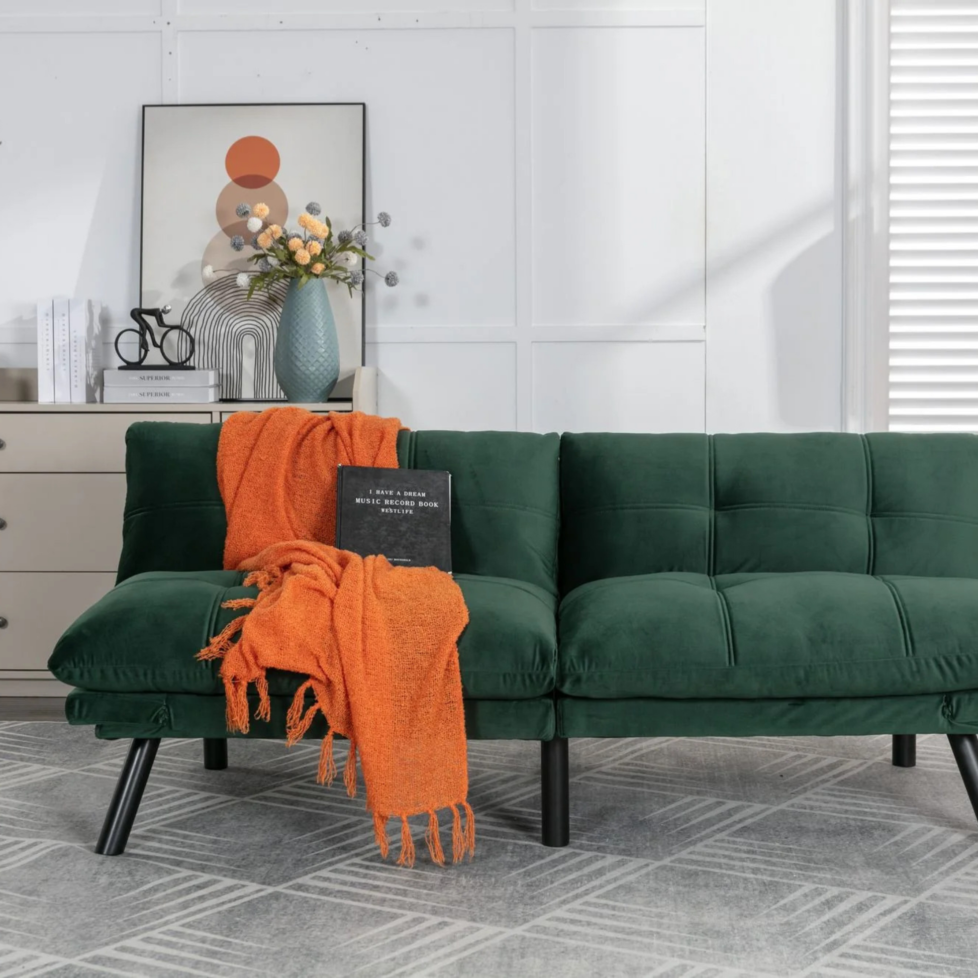Retro folding backrest armless couch| Tufted Pillow backrest & seat cushions| Green velvet 
